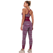 Wine Red Striped Print Yoga Bra with Pant Sports Set TQE91568-103