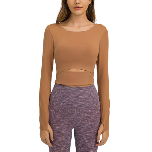 Brown Push-up Front Hollow-out Long Sleeve Yoga Tops TQE21549-15