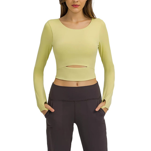 Yellow Push-up Front Hollow-out Long Sleeve Yoga Tops TQE21549-7