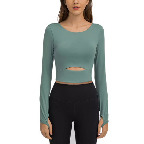 Blue Push-up Front Hollow-out Long Sleeve Yoga Tops TQE21549-5