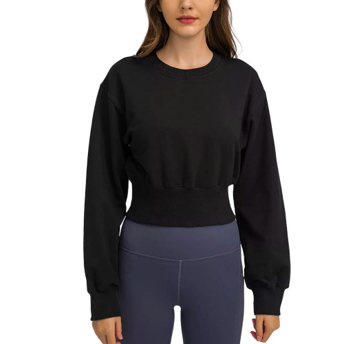 Black Slim Waist Running Sports Sweatshirt TQE21531-2