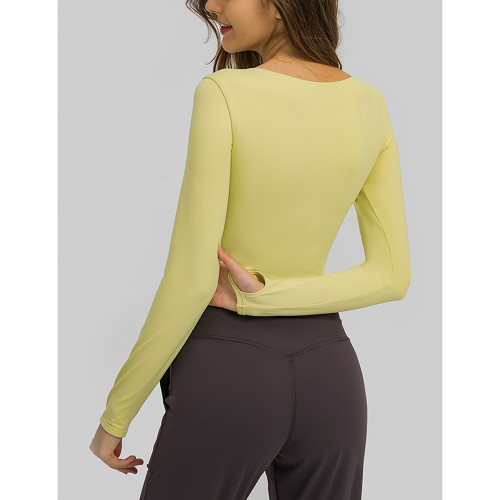Yellow Push-up Front Hollow-out Long Sleeve Yoga Tops TQE21549-7