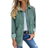 Pea Green Rivet Corduroy Buttoned Pocketed Long Sleeve Shirt TQK280138-64