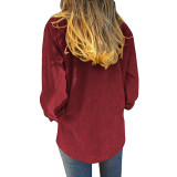 Wine Red Rivet Corduroy Buttoned Pocketed Long Sleeve Shirt TQK280138-23