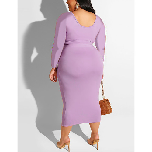 Purple Long Sleeve Crop Top and Tie Waist Skirt Plus Size Set TQK710408-8