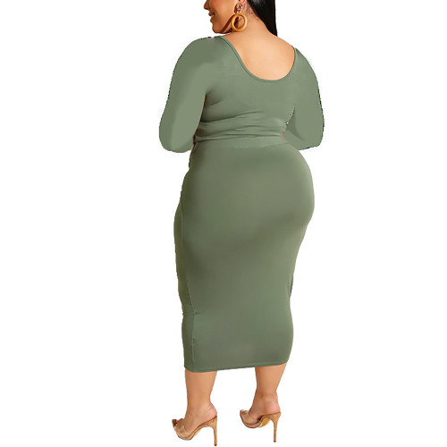 Green Long Sleeve Crop Top and Tie Waist Skirt Plus Size Set TQK710408-9