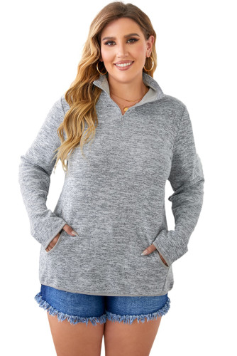 Gray Heathered Turn-down Zip Collar Plus Size Sweatshirt LC253697-11