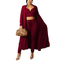 Solid Wine Red Vest Pant and Robe 3pcs Set TQK710409-23