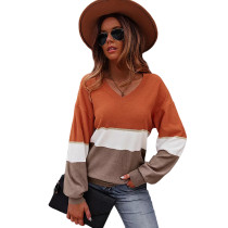 Orange Color Block V Neck Sweater TQK271349-14