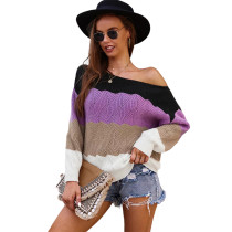Purple Color Block Cut-out Long Sleeve Sweater TQK271351-8