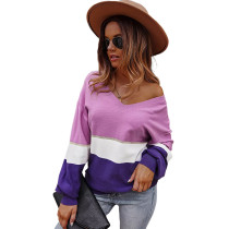 Purple Color Block V Neck Sweater TQK271349-8