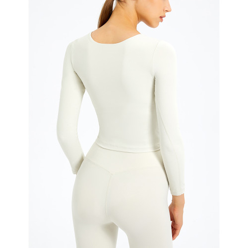 White Slim Fit Padded Long Sleeve Yoga Tops TQE61579-1