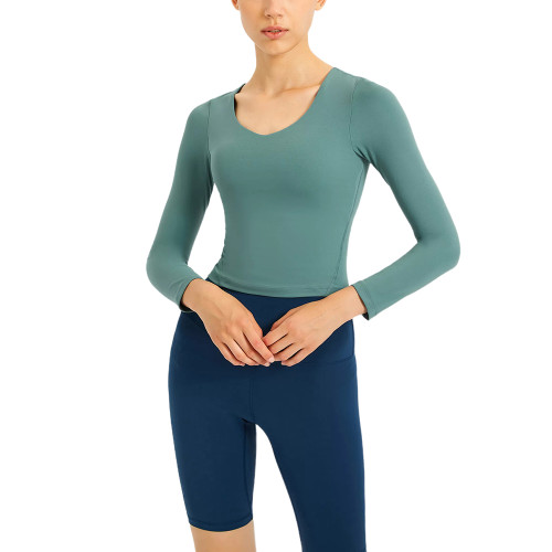 Green Slim Fit Padded Long Sleeve Yoga Tops TQE61579-9