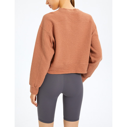 Warm Red Brown Long Sleeve Short Style Running Yoga Sweatshirt TQE61580-218