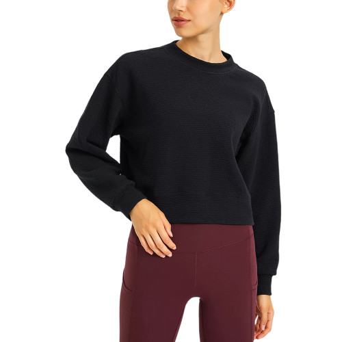 Black Long Sleeve Short Style Running Yoga Sweatshirt TQE61580-2