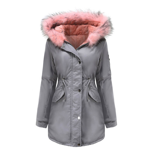 Gray Fur Collar Drawstring Waist Warm Hooded Parka Coat TQK280130-11
