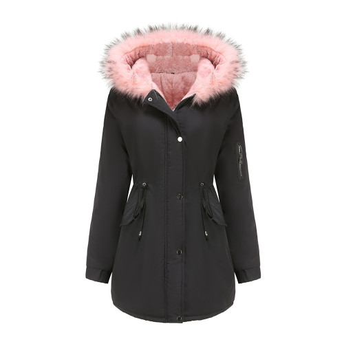Black Pink Fur Collar Drawstring Waist Warm Hooded Parka Coat TQK280130-2C