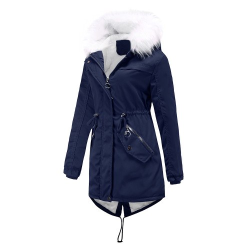 Navy Blue Fur Collar Warm Hooded Parka Coat TQK280129-34
