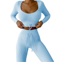 Light Blue Knitted Seamless Long Sleeve Yoga Set TQK710414-30