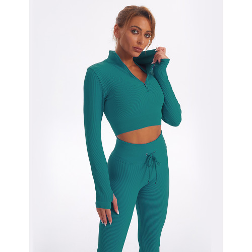 Aquamarine Seamless Stand Collar Jacket with Pant Yoga Set TQK710415-45