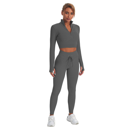 Gray Seamless Stand Collar Jacket with Pant Yoga Set TQK710415-11