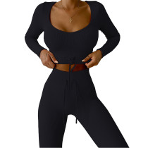 Black Knitted Seamless Long Sleeve Yoga Set TQK710414-2