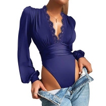 Blue Deep V Neck Lace Detail Long Sleeve Bodysuit TQK550271-5