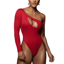 Red Hollow Out One Shoulder Long Sleeve Bodysuit TQK550270-3