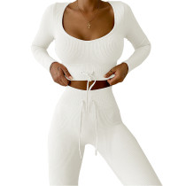 White Knitted Seamless Long Sleeve Yoga Set TQK710414-1