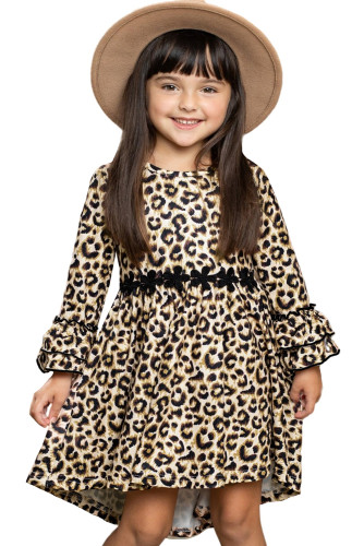 Girls Hi-lo Crochet Trim Ruffled Sleeve Leopard Dress TZ61341-20