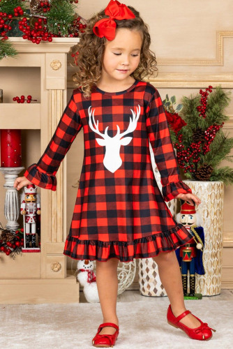 Girls Plaid Reindeer Graphic Ruffled Dress TZ61336-3