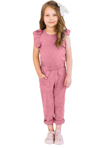 Pink Little Girls Ruffled Shoulder Keyhole Back Jumpsuit with Pockets TZ64004-10