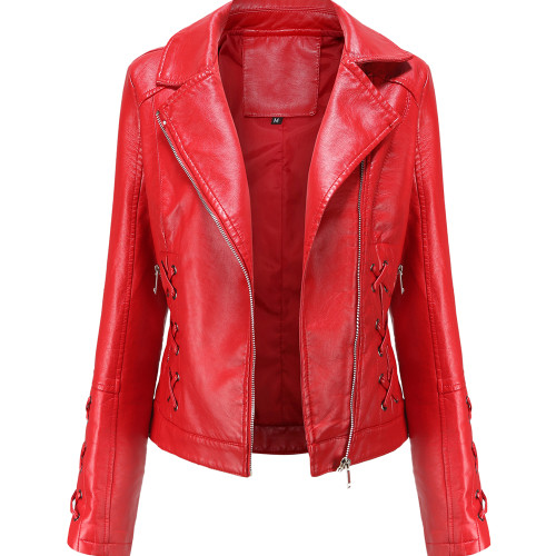 Red Zipper & Bandage PU Leather Jacket TQK280142-3