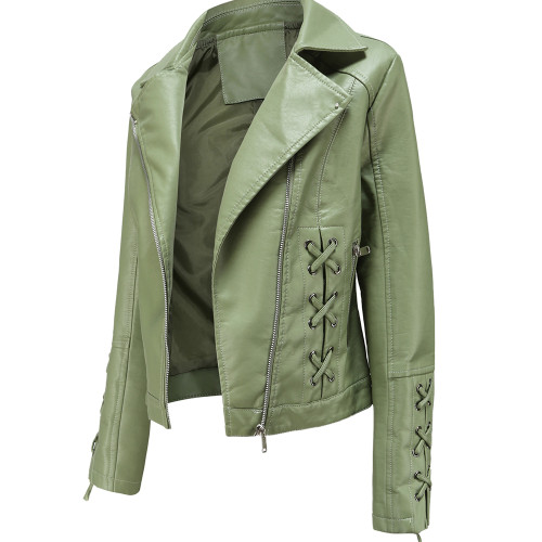 Light Green Zipper & Bandage PU Leather Jacket TQK280142-28