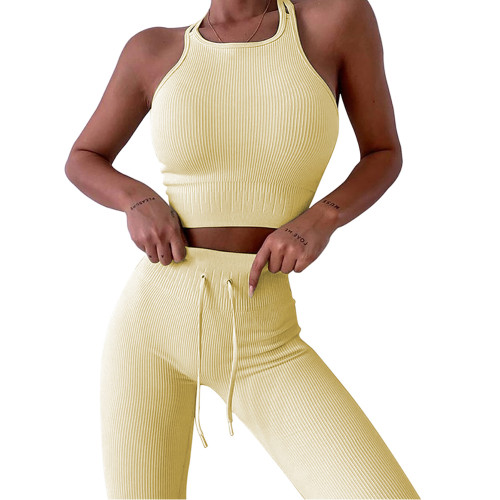Yellow Double Shoulder Straps Yoga Bra Pant Set TQK710427-7