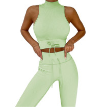Light Green High Collar Double Straps Yoga Bra Pant Set TQK710428-28
