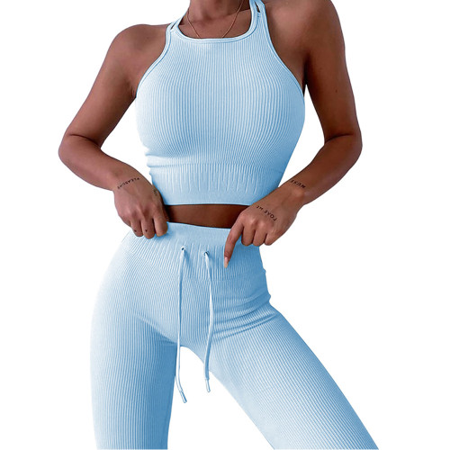 Light Blue Double Shoulder Straps Yoga Bra Pant Set TQK710427-30
