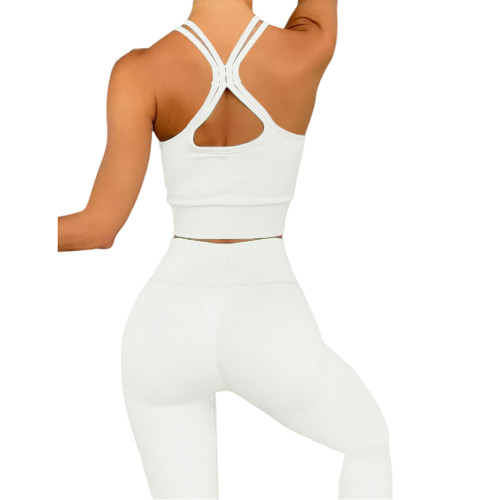 White Double Shoulder Straps Yoga Bra Pant Set TQK710427-1