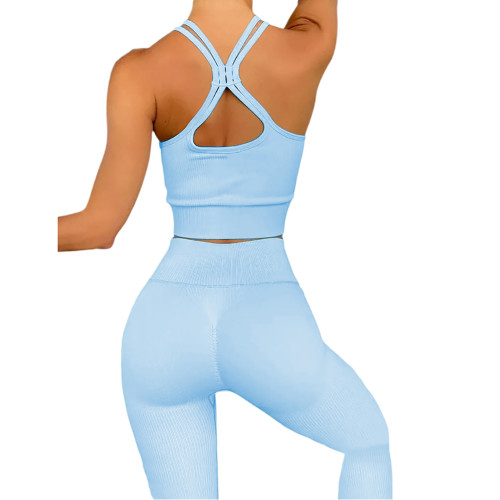 Light Blue Double Shoulder Straps Yoga Bra Pant Set TQK710427-30