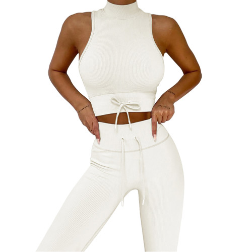 White High Collar Double Straps Yoga Bra Pant Set TQK710428-1