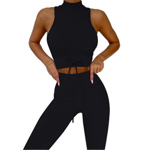 Black High Collar Double Straps Yoga Bra Pant Set TQK710428-2