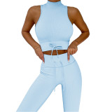 Light Blue High Collar Double Straps Yoga Bra Pant Set TQK710428-30