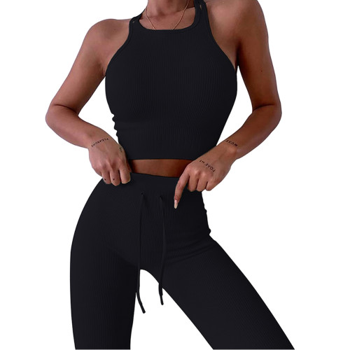 Black Double Shoulder Straps Yoga Bra Pant Set TQK710427-2
