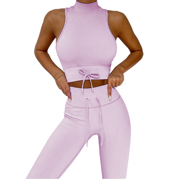 Light Purple High Collar Double Straps Yoga Bra Pant Set TQK710428-38