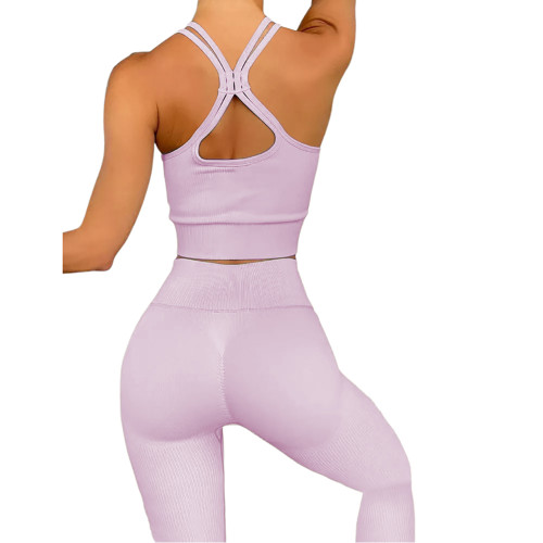 Light Purple Double Shoulder Straps Yoga Bra Pant Set TQK710427-38