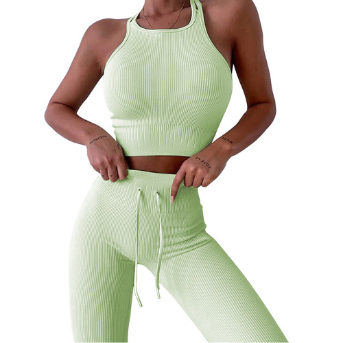 Light Green Double Shoulder Straps Yoga Bra Pant Set TQK710427-28
