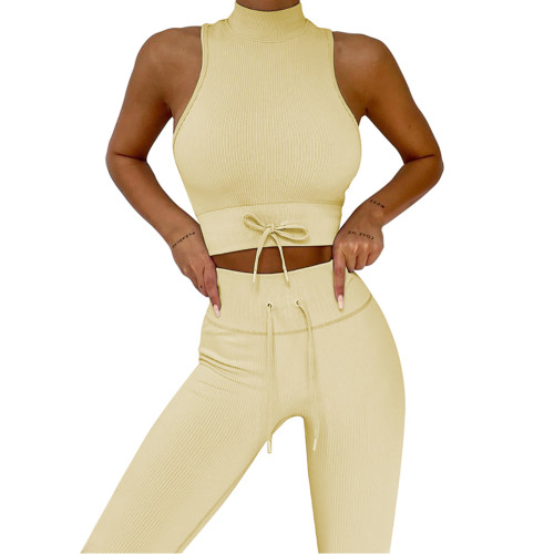 Yellow High Collar Double Straps Yoga Bra Pant Set TQK710428-7
