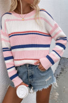 Pink Knitted Crew Neck Striped Color Block Sweater LC2721932-10