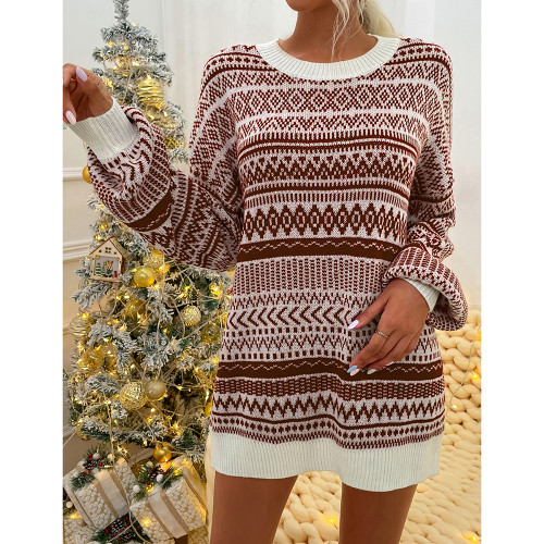 Coffee Stripe Print Loose Long Sleeve Sweater Dress TQK310707-15