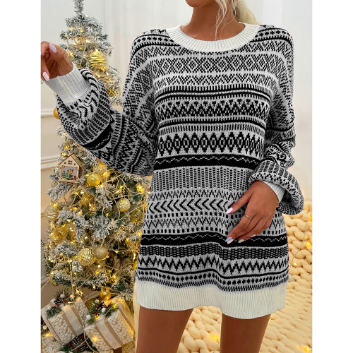 Black Stripe Print Loose Long Sleeve Sweater Dress TQK310707-2
